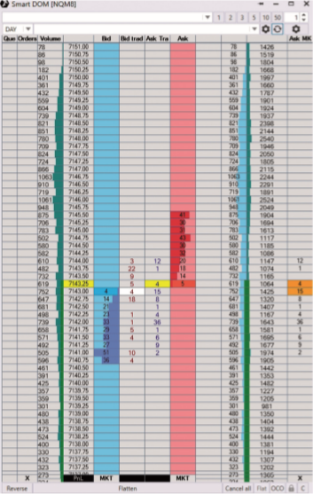 Order book. The chart shows the order book with the best bid and ask prices. It is also called DOM (Depth of Market) and can be freely configured, for example, via the so-called Smart DOM.